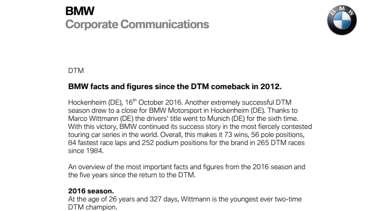 BMW facts and figures since the DTM comeback in 2012