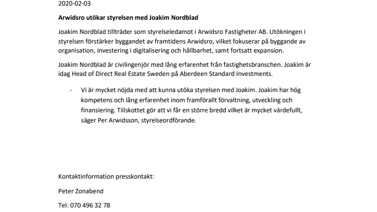 Arwidsro utökar styrelsen med Joakim Nordblad
