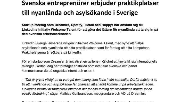 ​Svenska entreprenörer erbjuder praktikplatser till nyanlända och asylsökande i Sverige