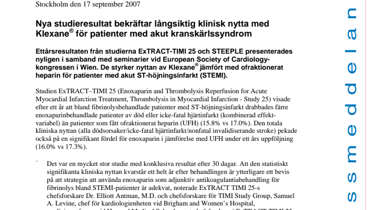Nya studieresultat bekräftar långsiktig klinisk nytta med Klexane® för patienter med akut kranskärlssyndrom 