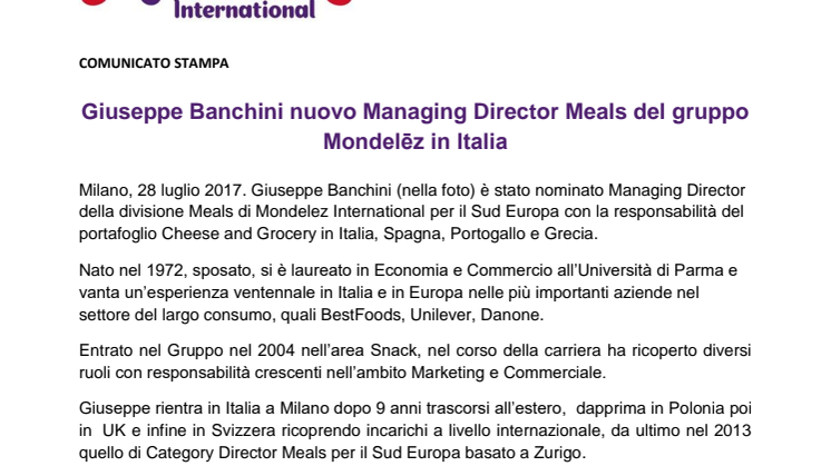 Giuseppe Banchini nuovo Managing Director Meals del gruppo Mondelēz in Italia  