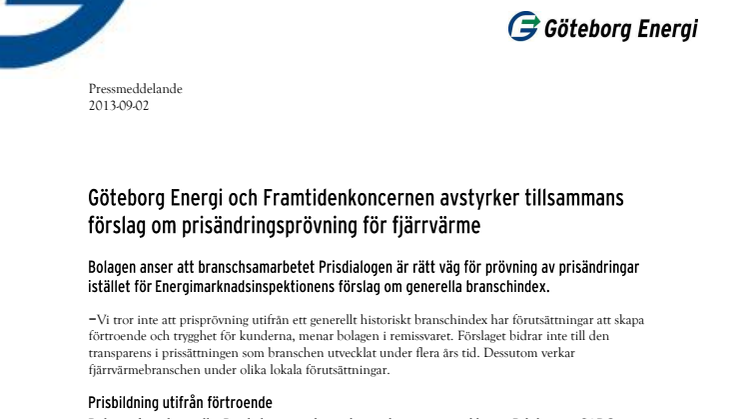 Göteborg Energi och Framtidenkoncernen avstyrker prisändringsprövning