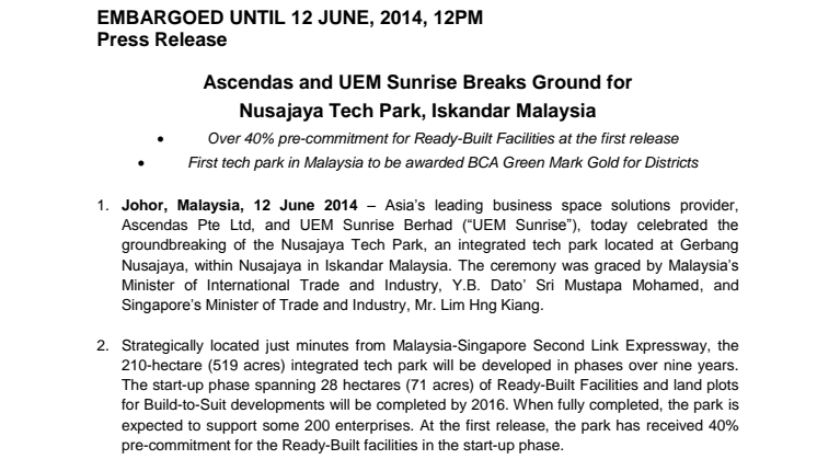 Ascendas and UEM Sunrise Breaks Ground for Nusajaya Tech Park, Iskandar Malaysia