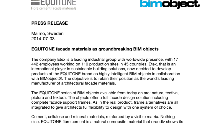 EQUITONE facade materials as groundbreaking BIM objects 