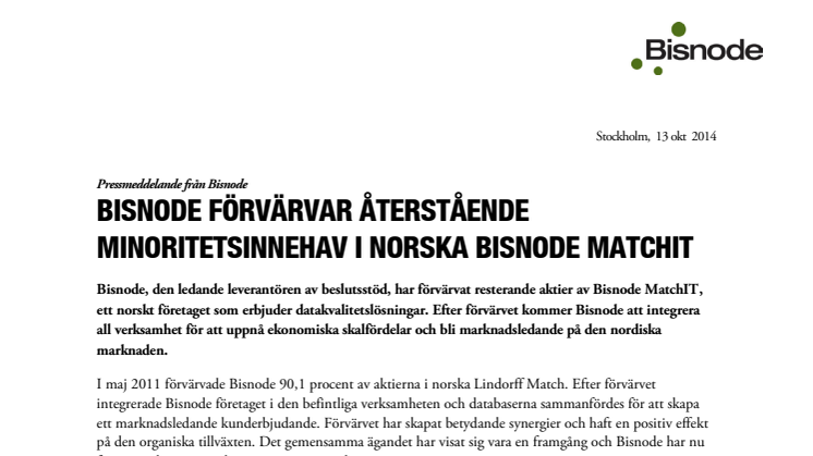Bisnode förvärvar återstående minoritetsinnehav i norska Bisnode MatchIT