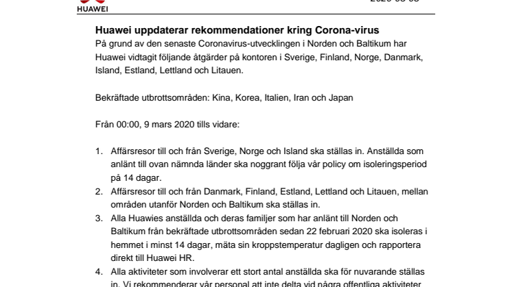 Huawei uppdaterar rekommendationer kring Corona-virus, 2020-03-08