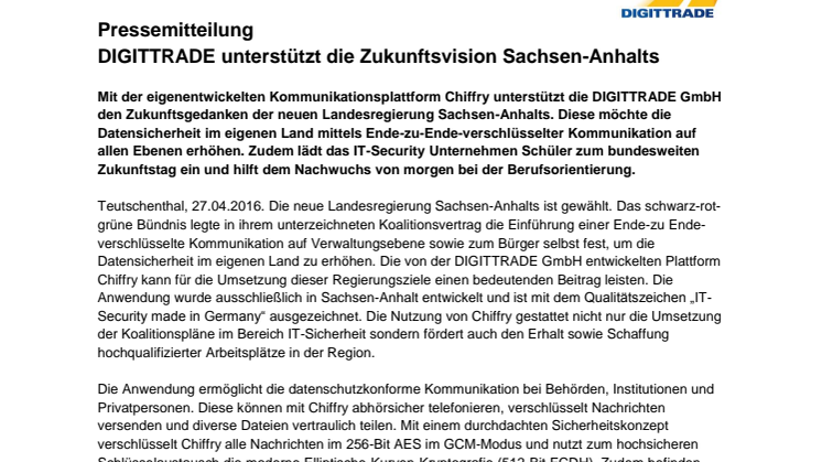 DIGITTRADE unterstützt die Zukunftsvision Sachsen-Anhalts