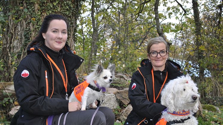 Maria Spångberg med sin chihuahua Alva och Carina Gidwall med sin labradoodle Disa är stolta och glada över att socialförvaltningen i Ronneby nu kan erbjuda terapihundar till personer inom Funktionsstöds verksamheter.