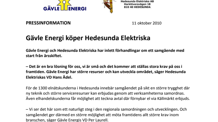 Gävle Energi köper Hedesunda Elektriska