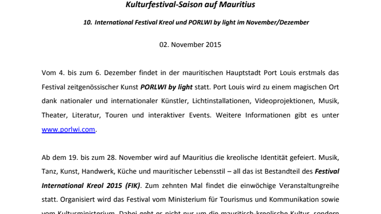 Kulturfestival-Saison auf Mauritius - 10.	International Festival Kreol und PORLWI by light im November/Dezember 