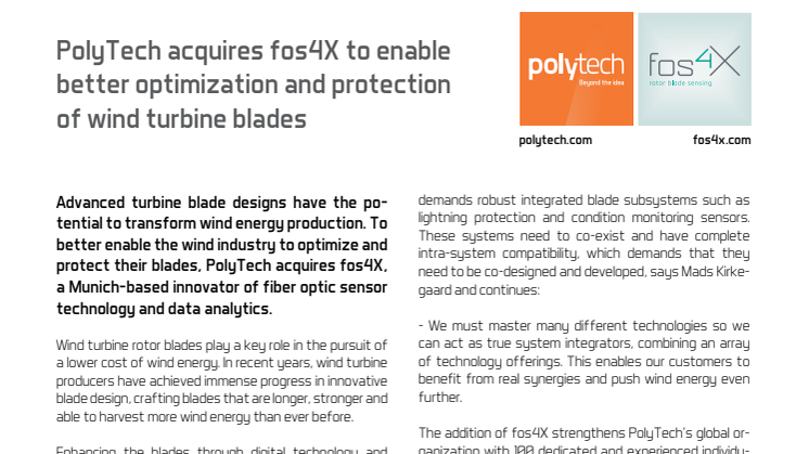 PolyTech acquires fos4X to enable better optimization and protection of your wind turbine blades