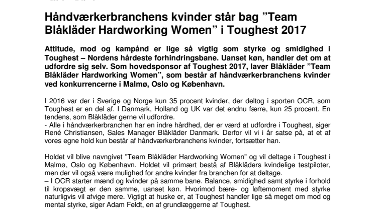 HÅNDVÆRKERBRANCHENS KVINDER STÅR BAG "TEAM BLÅKLÄDER HARDWORKING WOMEN" I TOUGHEST  2017
