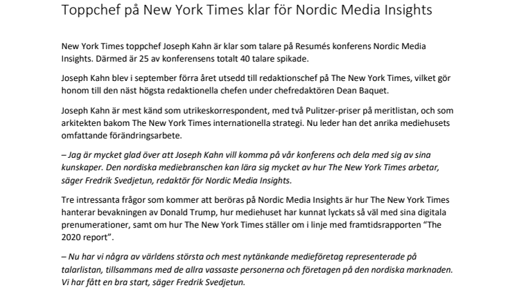 Toppchef på New York Times klar för Nordic Media Insights