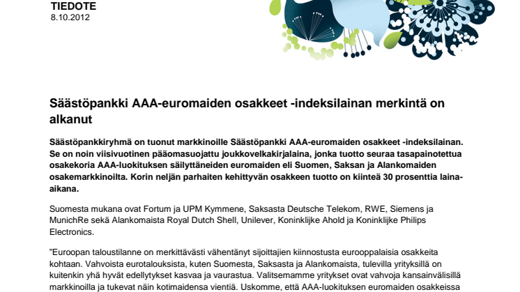 Säästöpankki AAA-euromaiden osakkeet -indeksilainan merkintä on alkanut