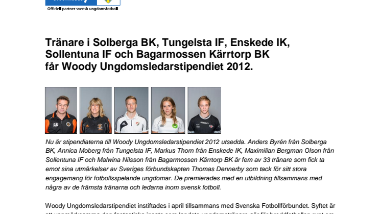 Tränare i Solberga BK, Tungelsta IF, Enskede IK, Sollentuna IF och Bagarmossen Kärrtorp BK  får Woody Ungdomsledarstipendiet 2012 