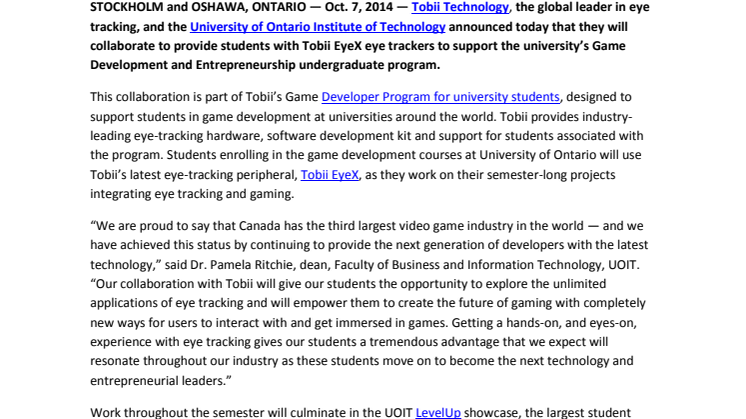 Tobii Supports University of Ontario Institute of Technology’s Game Development Program 