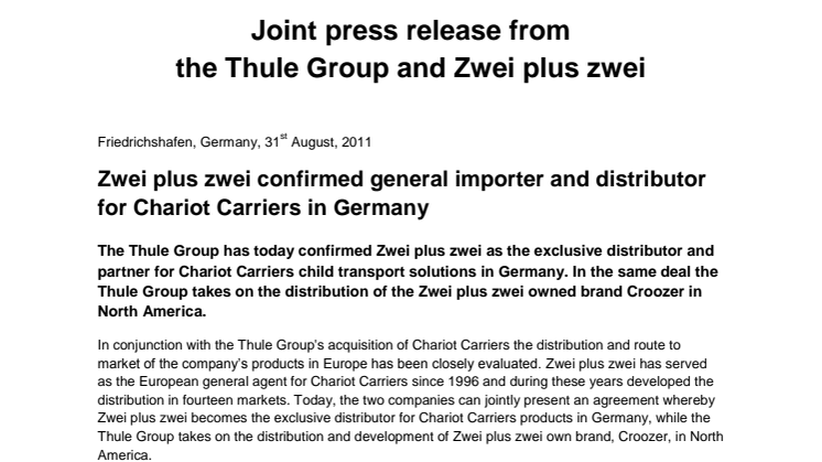 Zwei plus zwei confirmed general importer and distributor for Chariot Carriers in Germany