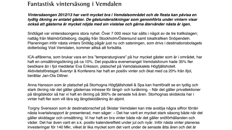 Fantastisk vintersäsong i Vemdalen