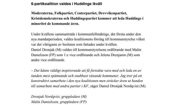 6-partikoalition valdes i Huddinge ikväll