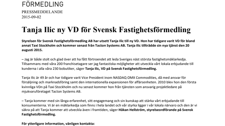 Tanja Ilic ny VD för Svensk Fastighetsförmedling