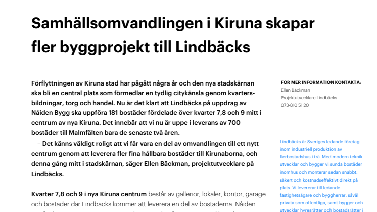 Samhällsomvandlingen i Kiruna skapar fler byggprojekt åt Lindbäcks