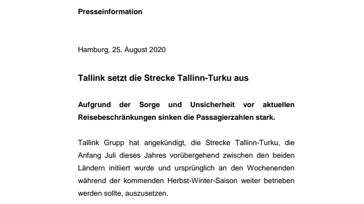 Tallink setzt die Strecke Tallinn-Turku aus
