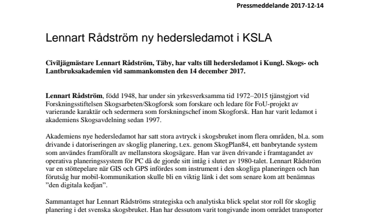 ​Lennart Rådström ny hedersledamot i KSLA