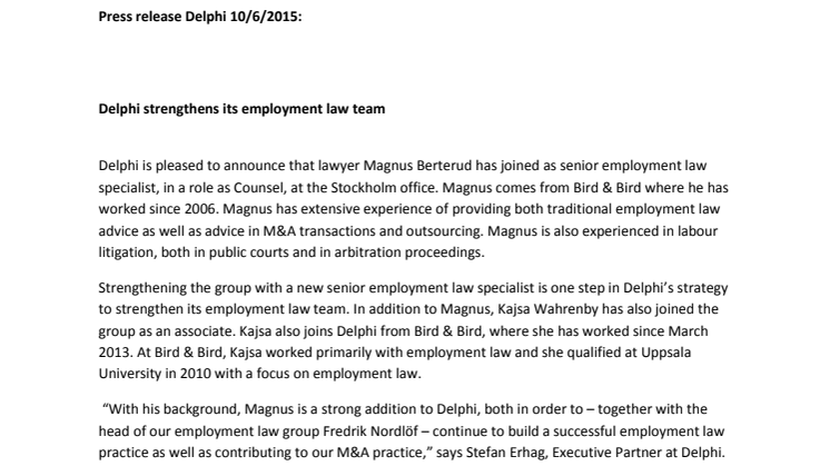 Delphi strengthens its employment law team