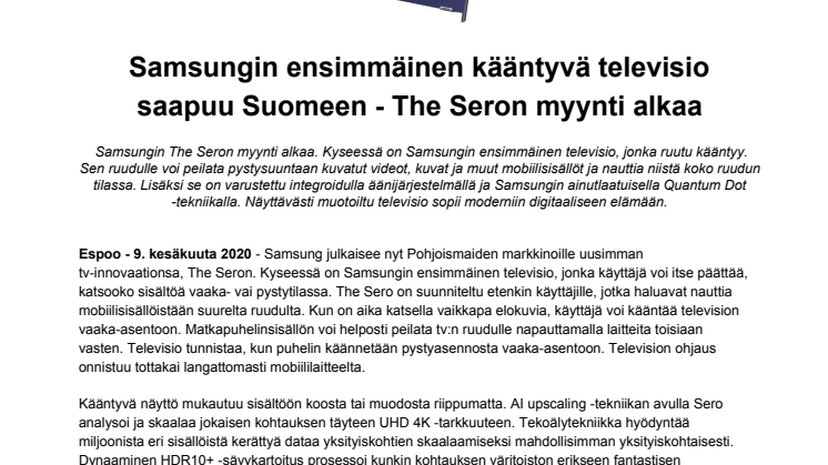 Samsungin ensimmäinen kääntyvä televisio saapuu Suomeen - The Seron myynti alkaa