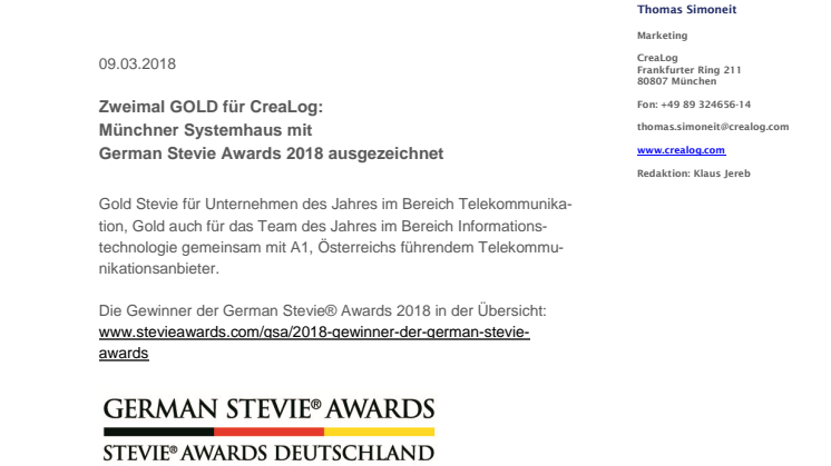 Zweimal GOLD für CreaLog: Münchner Systemhaus mit  German Stevie Awards 2018 ausgezeichnet