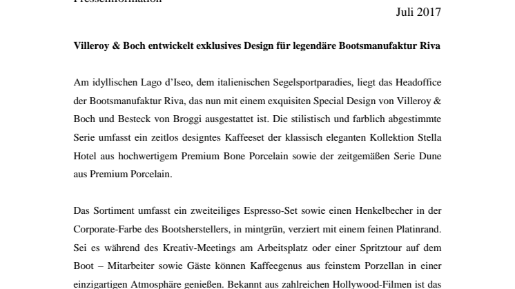 Villeroy & Boch entwickelt exklusives Design für legendäre Bootsmanufaktur Riva