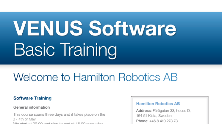 Venus Software Basic Training; 2-4 May