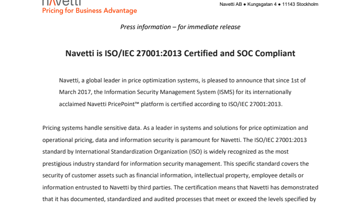 Navetti is ISO/IEC 27001:2013 Certified and SOC Compliant
