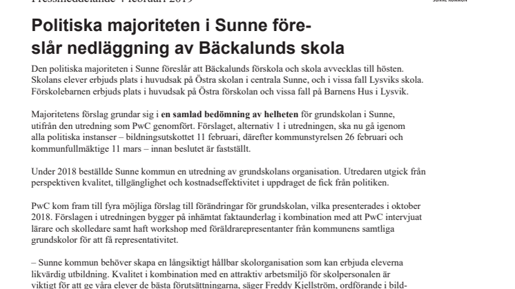 Politiska majoriteten i Sunne föreslår nedläggning av Bäckalunds skola 