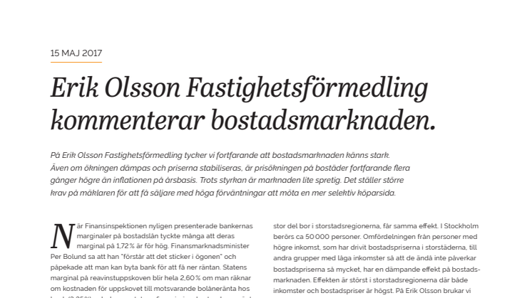 Erik Olsson Fastighetsförmedling kommenterar bostadsmarknaden 15 maj 2017