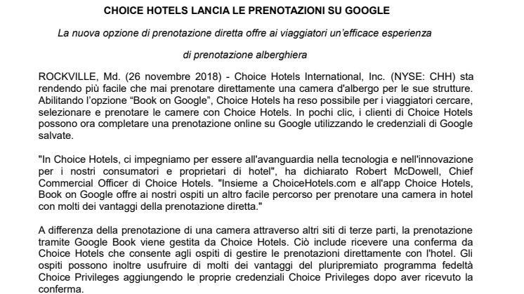 Choice Hotels lancia le prenotazioni su Google