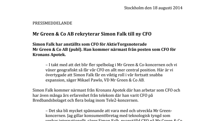 Mr Green & Co AB rekryterar Simon Falk till ny CFO