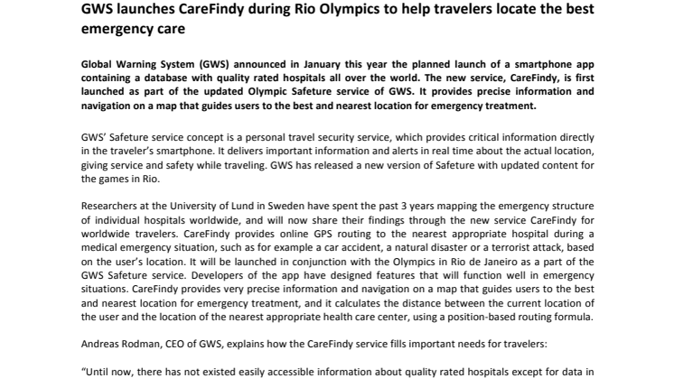 GWS launches CareFindy during Rio Olympics to help travelers locate the best emergency care