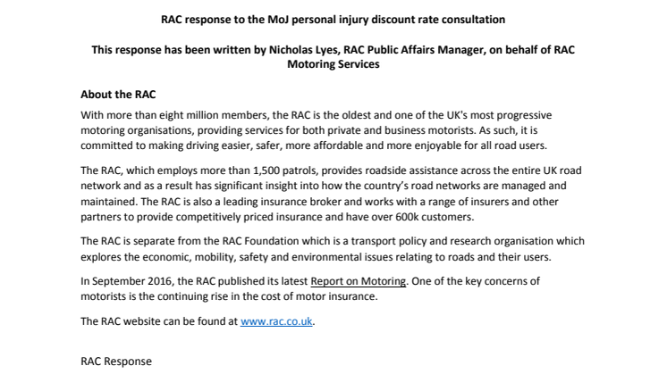 RAC Insurance responds to MoJ consultation on changes to the personal injury discount rate
