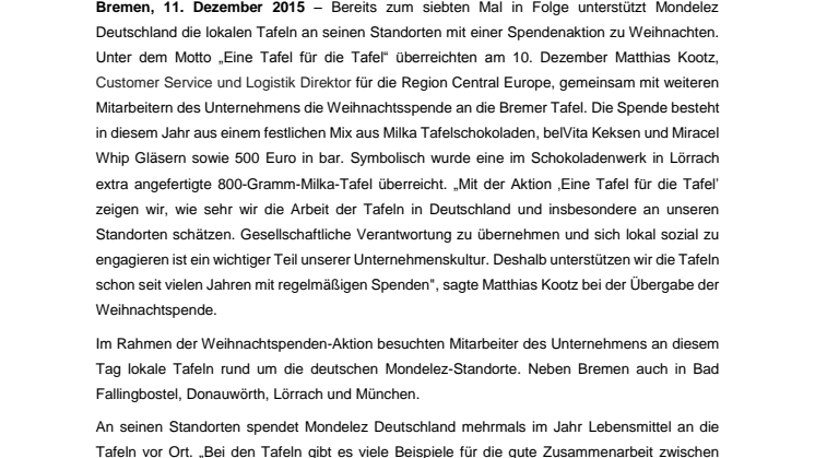„Eine Tafel für die Tafel“ - Mondelez Deutschland überreicht Weihnachtsspende an Bremer Tafel