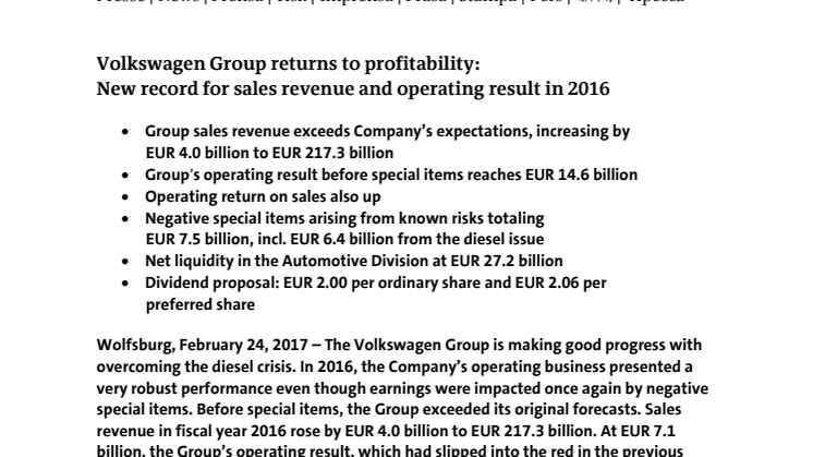 Volkswagen-koncernen återgår till lönsamhet − nytt rekord för försäljningsintäkter och rörelseresultat under 2016