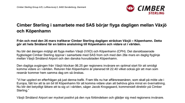 Cimber Sterling i samarbete med SAS börjar flyga dagligen mellan Växjö och Köpenhamn 
