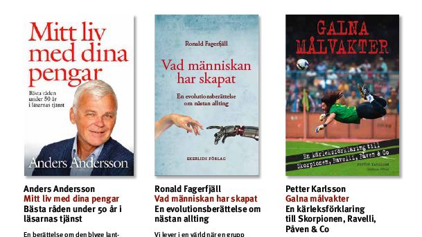 Memoar av Anders Andersson, Ronald Fagerfjäll om evolutionen, historien om Hemfrid och galna målvakter bland Ekerlids Förlags vårutgivning