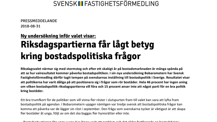 Ny undersökning inför valet visar: Riksdagspartierna får lågt betyg  kring bostadspolitiska frågor