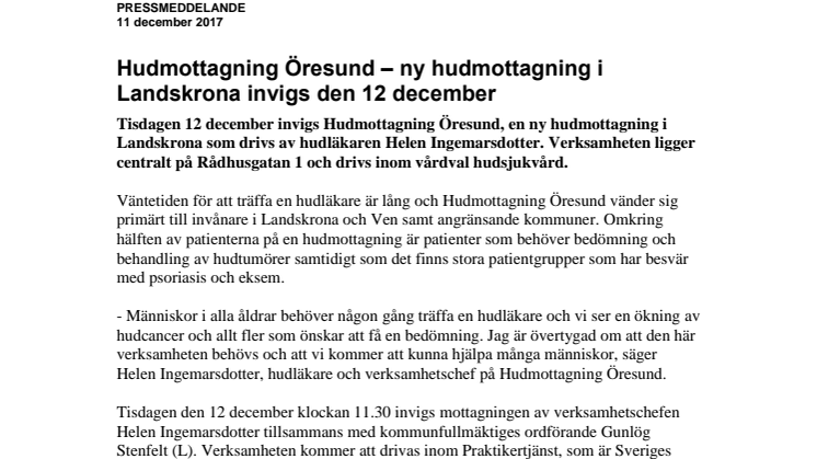 Hudmottagning Öresund – ny hudmottagning i Landskrona invigs den 12 december