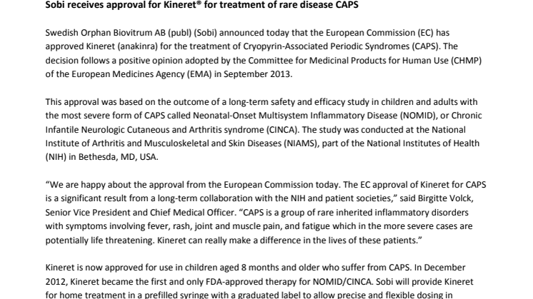 Sobi receives approval for Kineret® for treatment of rare disease CAPS