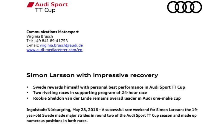 Simon Larsson with impressive recovery in Audi Sport TT Cup