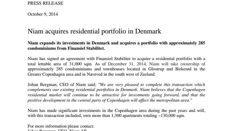 Niam acquires residential portfolio in Denmark