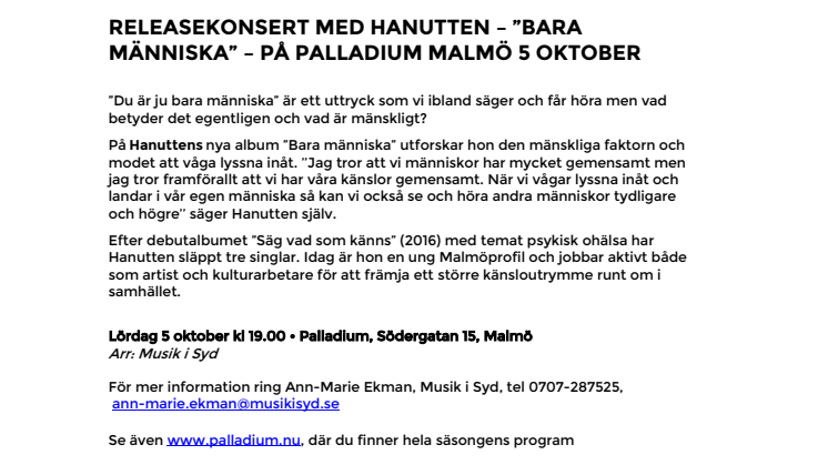 Releasekonsert med Hanutten – ”Bara människa” – på Palladium Malmö 5 oktober