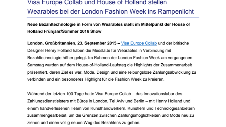 Visa Europe Collab und House of Holland stellen Wearables bei der London Fashion Week ins Rampenlicht